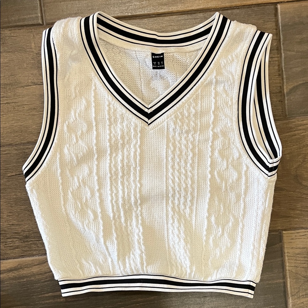 SHEIN White Knit Vest with Black Trim